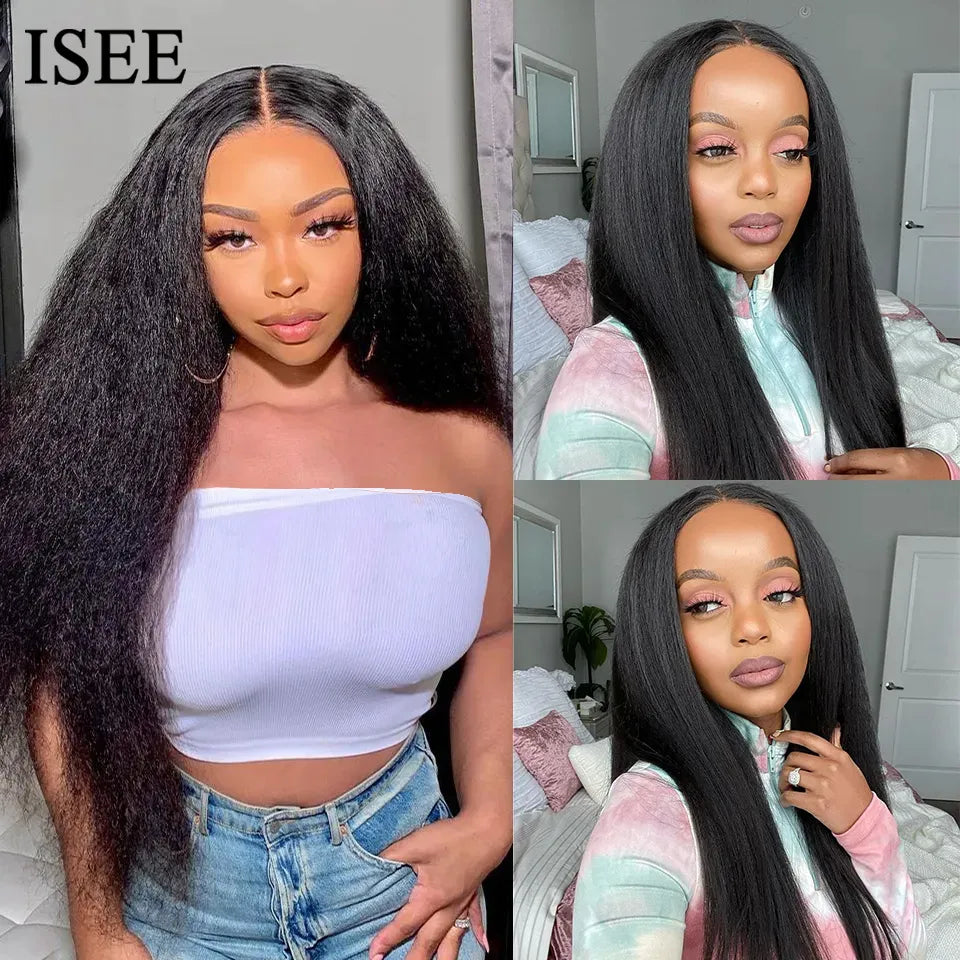 Wear Go Glueless Wigs ISEE Hair Brazilian Kinky Straight 6x4 HD 100% Glueless Preplucked Human Wigs Ready To Go Pre Cut No Glue