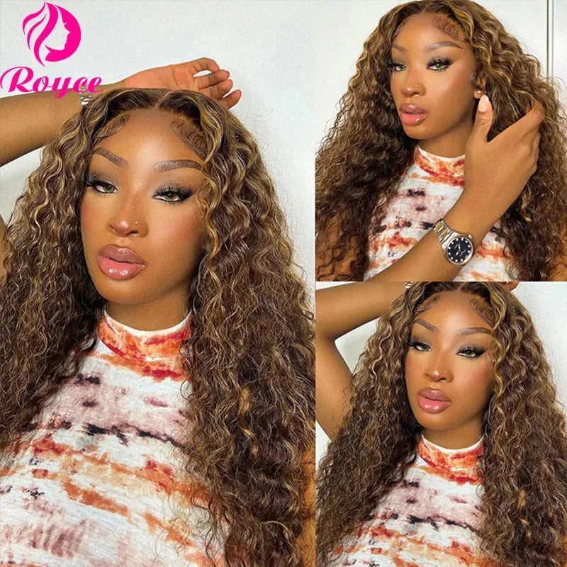 30 Inch Highlight Honey Brown Lace Front Human Hair Wigs Deep Wave 13x4 Remy Ombre Colored Curly  Lace Frontal Wig For Women