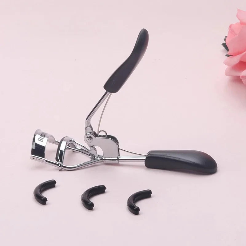 Brainbow 1pc Woman Silver Eyelashes Curler Supplementer Clip with Black Handle+3pcs Eyelash Curler Replacement Pads Makeup Tools