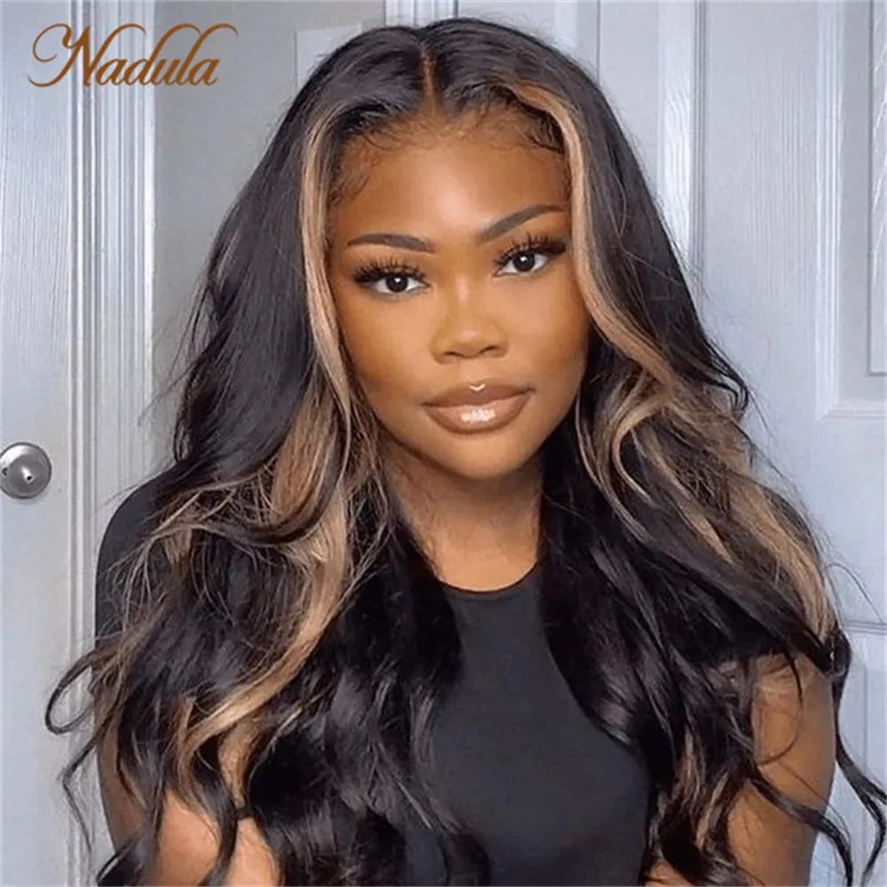 Nadula Hair 13x4 Lace Transparent Front Black Purple Ombre With Blonde Highlights Multi Color Mixed Loose Wave Wig Human Hair