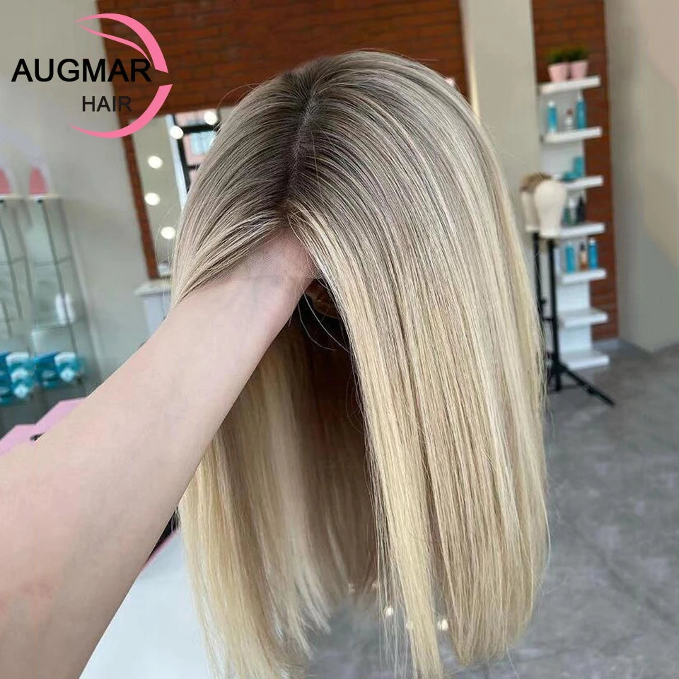 Short Ash Blonde 360 Lace Frontal Wig Brown Highlight Wig Human Hair 13x4 Straight Bob Wig Lace Front Human Hair Wigs For Women