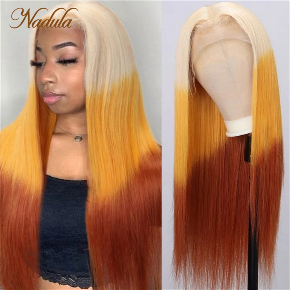 Nadula Straight Hair 13x4 Lace Front Wigs 3 Tones Reverse Blonde Orange and Brown Ombre 150% Density Multi Color Hair For Women