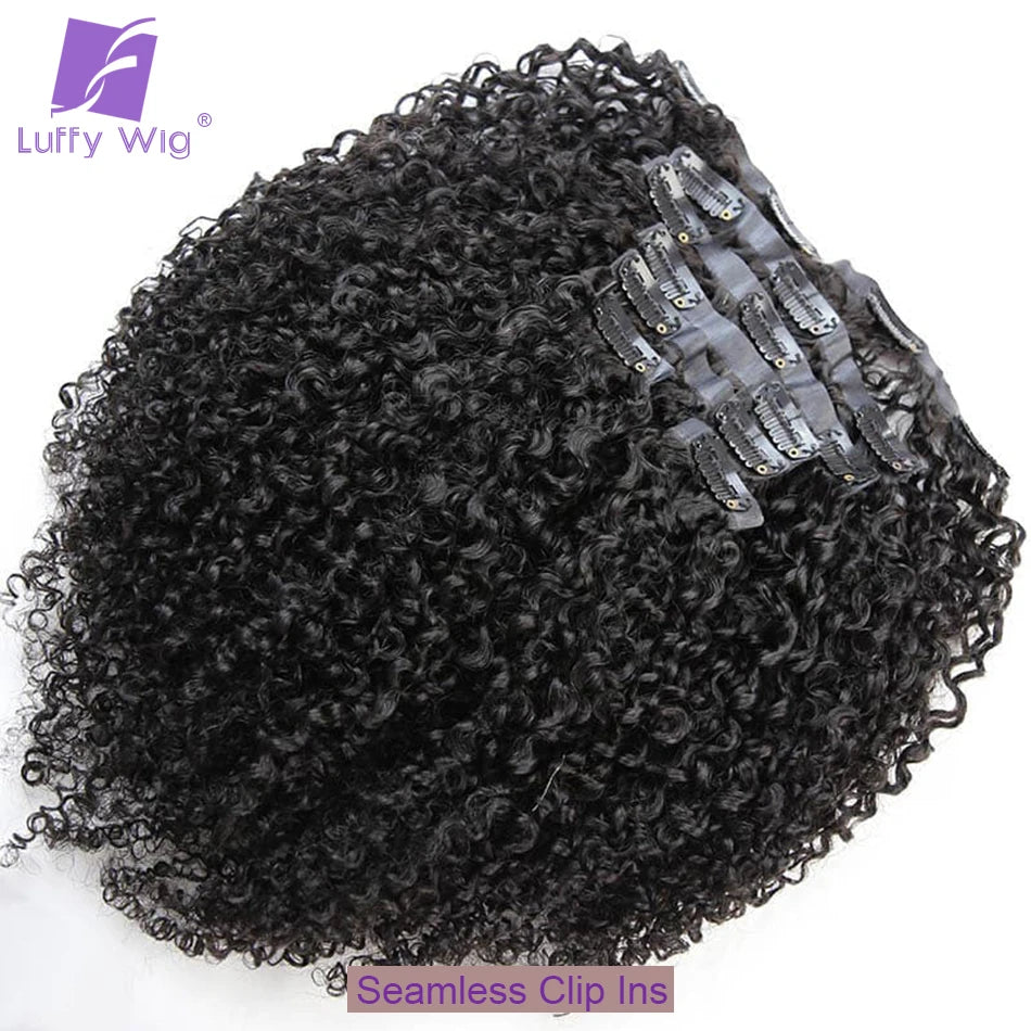 PU Clip in Extensions Human Hair Brazilian Remy Afro Kinky Curly Hair Bundles Seamless Skin Weft Clip-on Hair Pieces 100G Luffy