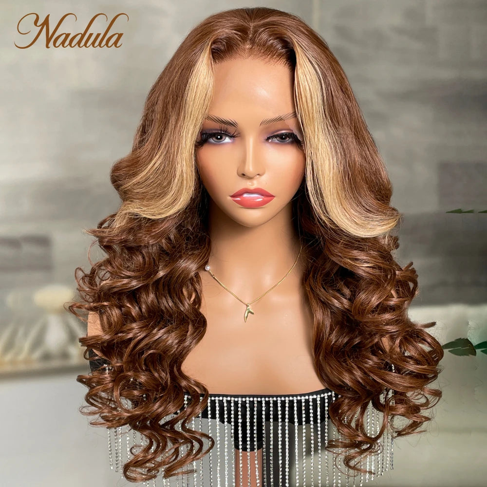 Nadula Hair Face Framing loose Wave Lace Front Human Hair Wig 13x4 Brunette with Blonde Highlight Lace Wig Money Piece Wig