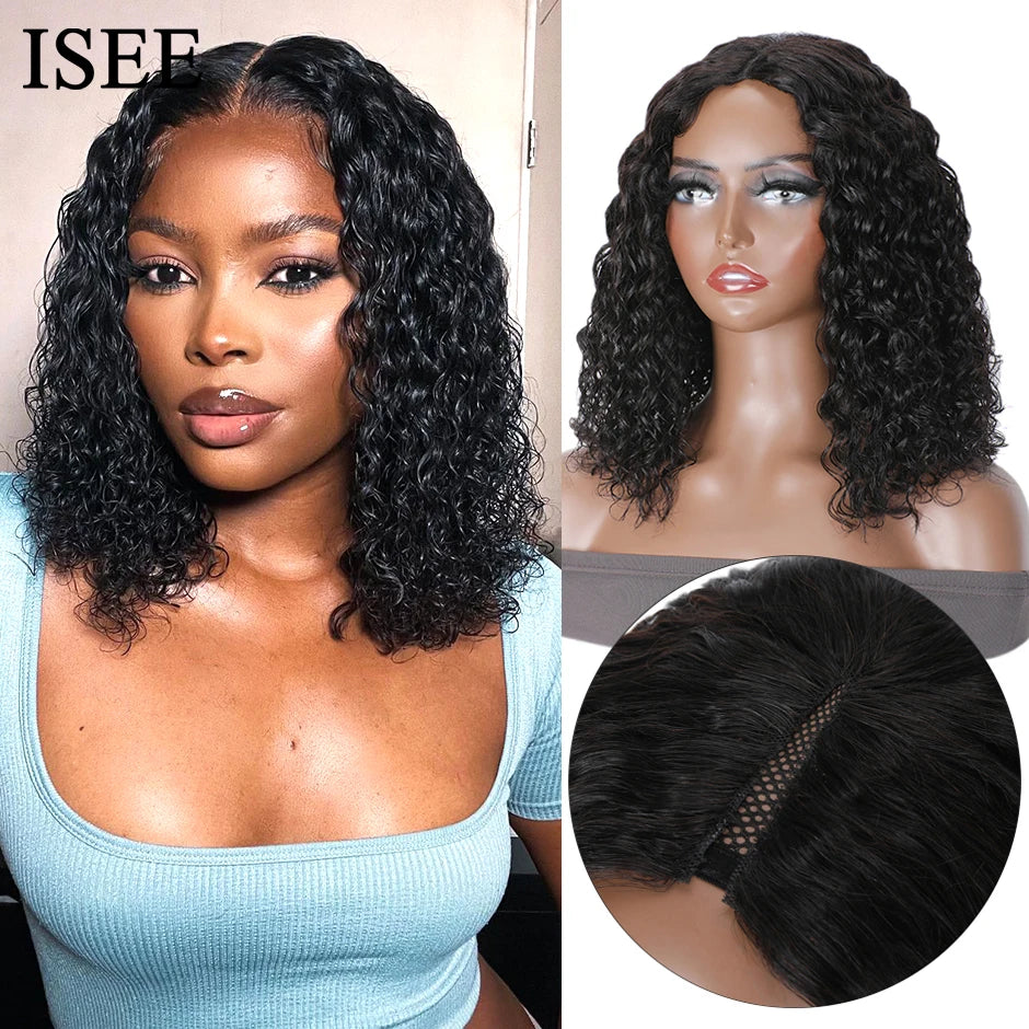 ISEE HAIR V Part Wig Water Wave Bob Wig Human Hair Wigs For Women V Shape Glueless Wig Minimal or No Leave Out U Part Wig