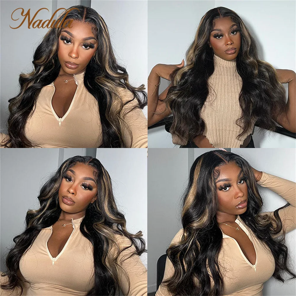 Nadula Hair Glueless Pre Cut 6x4.5 Lace Wig Body Wave Chocolate Brown With Peek A Boo Blonde Highlights Wig With Bleach Knots