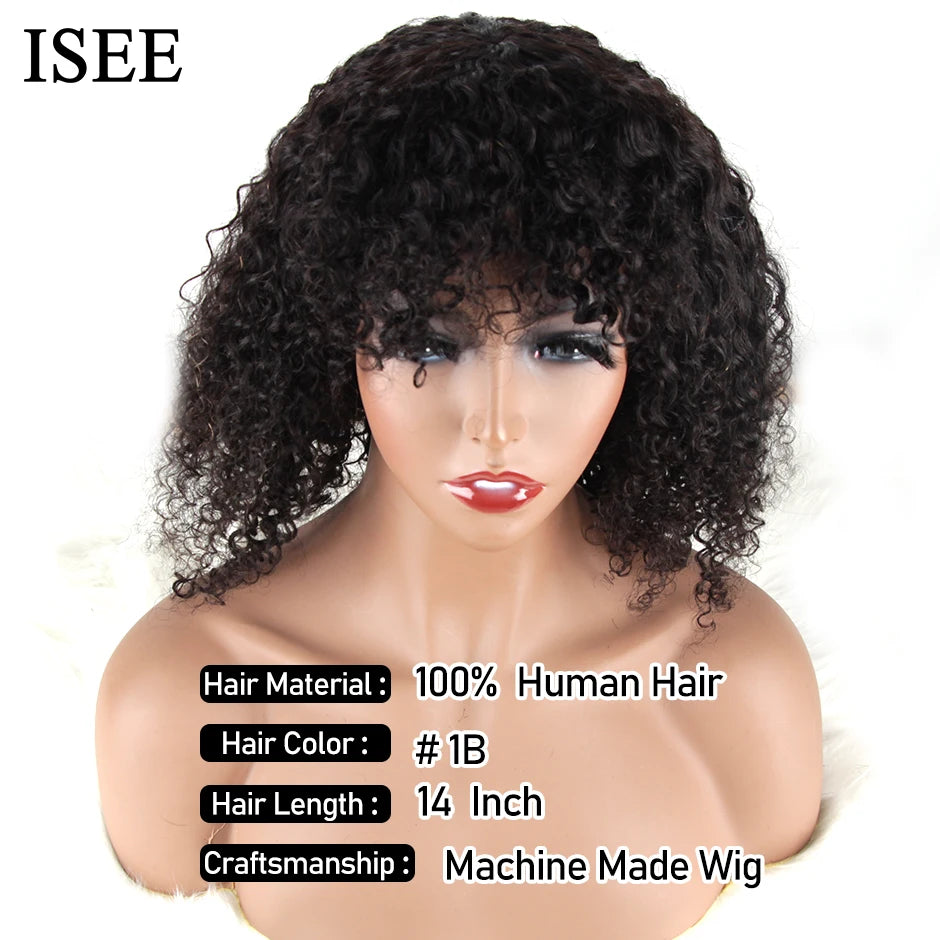 ISEE HAIR Machine Made Sew In Short Bob Wig With Bangs Human Hair Wigs Mongolian Curly Wig with Bang For Women Glueless Wigs