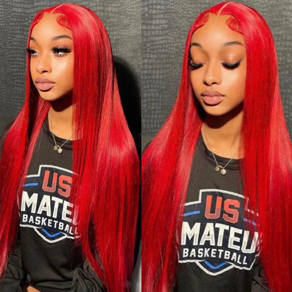 Red Color Lace Front Human Hair Wigs Straight 13x4  Transparent Lace Frontal Wig Burgundy 99J Remy Human Hair Pre Plucked 180%