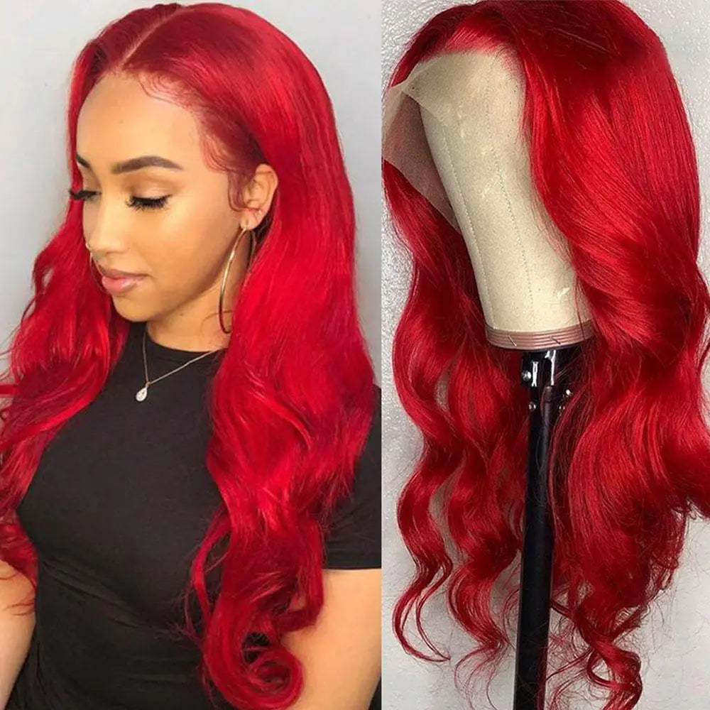 Hot Red Hd 13x4 Body Wave Lace Frontal Wigs For Women Transparent 99J Burgundy Wave Lace Front Wigs Red Colored  Human Hair Wigs