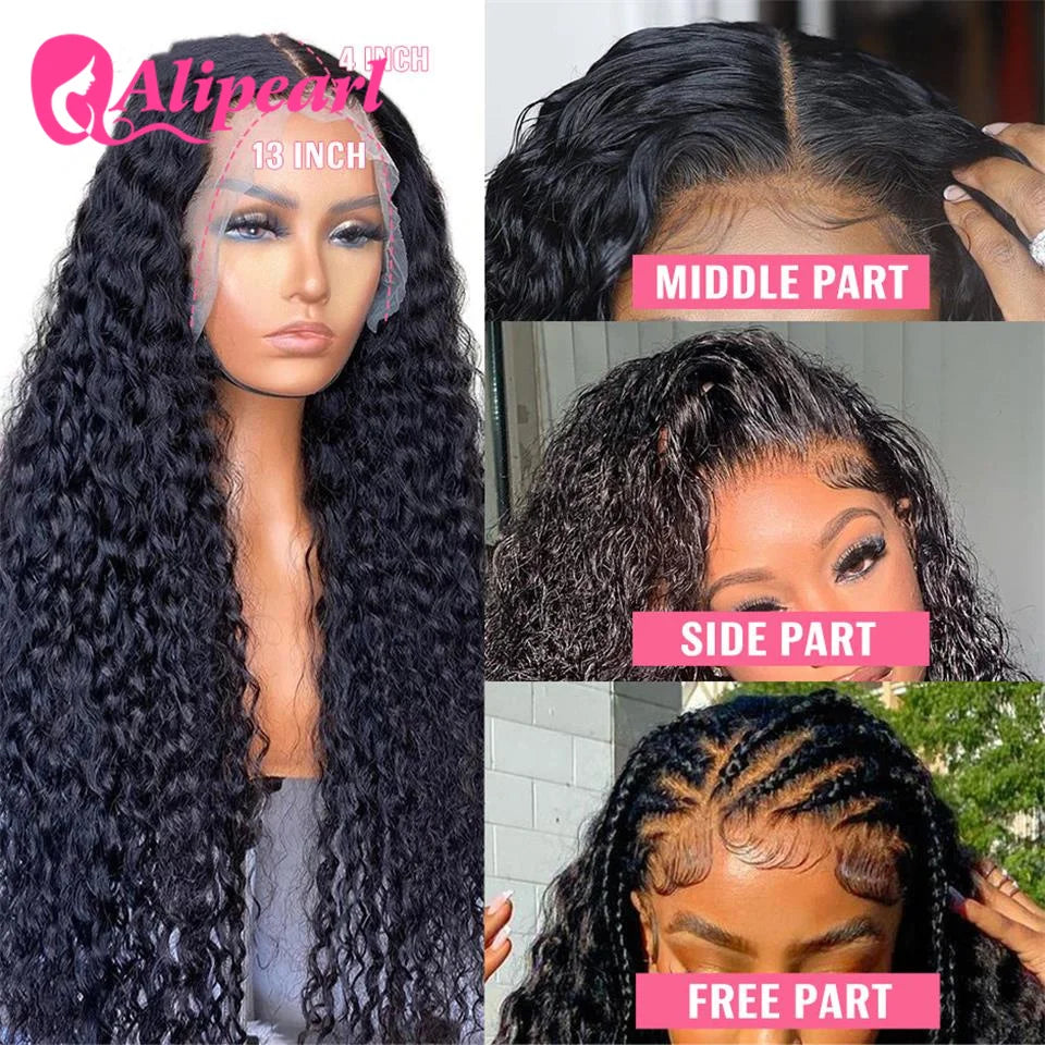 AliPearl 30Inch Lace Front Human Hair Wigs Brazilian Kinky Curly 13x4 Wig For Women Pre Plucked Water Wave Lace Wig 180% Density