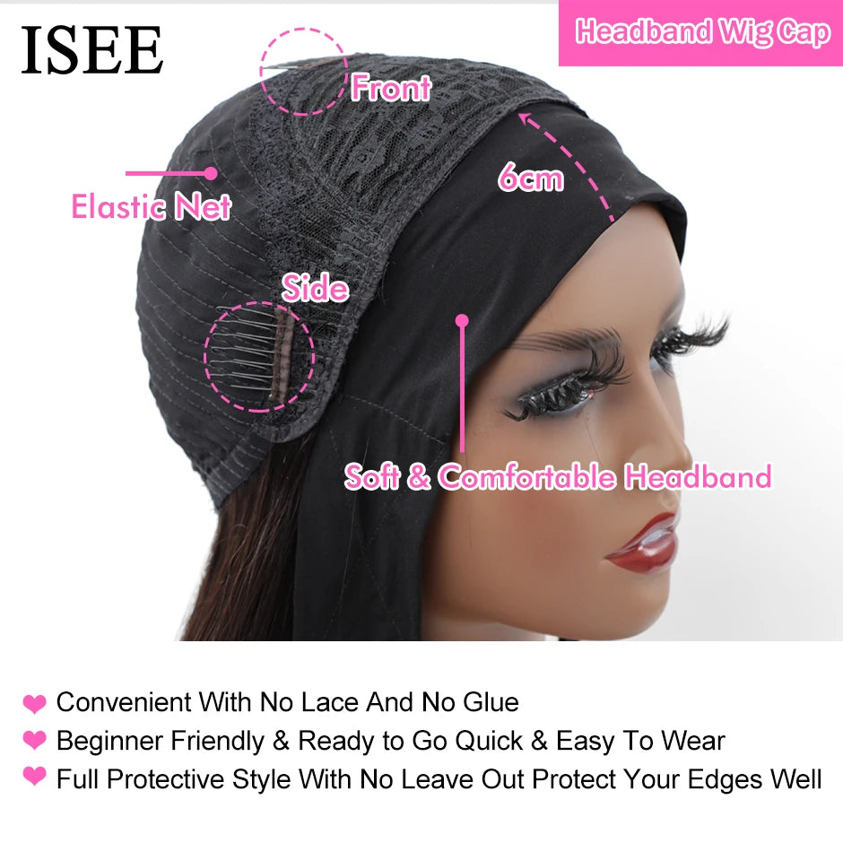 Straight Women's Headband Wig Malaysian Human Hair Wig Straight No Lace Scarf  Wigs Glueless Natural ISEE HAIR Wig For Female