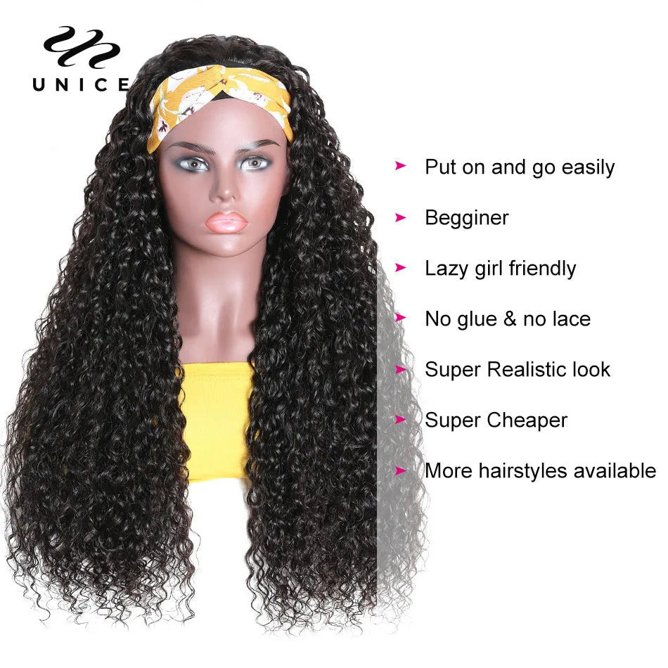 Unice Hair High Quality Headband Wigs Jerry Curly Human Hair Wigs 150% Density Virgin Hair Headband Wig Natural Color