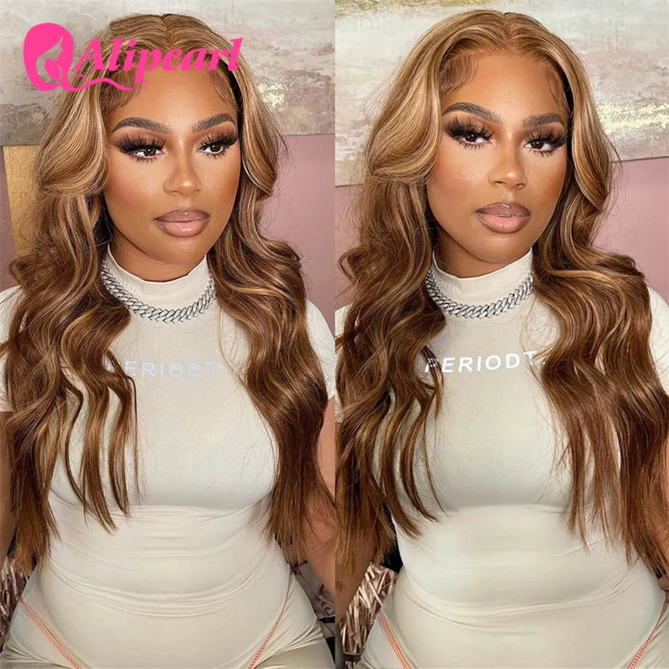 Highlight Wig Lace Frontal Human Hair Wigs Honey Blonde 4/27 Body Wave Lace Front Wig Pre-Plucked for Black Women Ali Pearl Hair