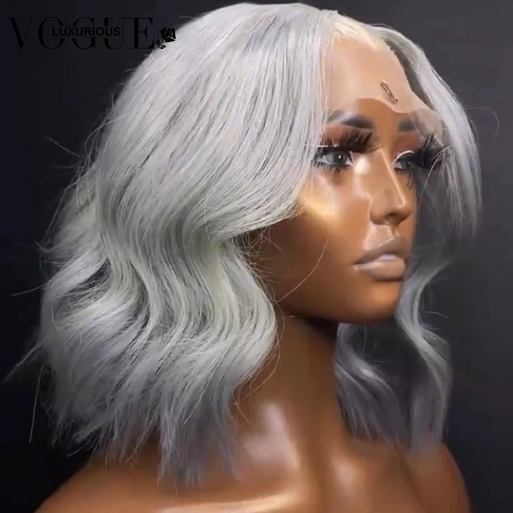 Silver Grey Short Bob Closure Glueless Wig Brazilian Virgin Human Hair 13x4 13x6 Transparent HD Lace Front Wavy Wigs Preplucked