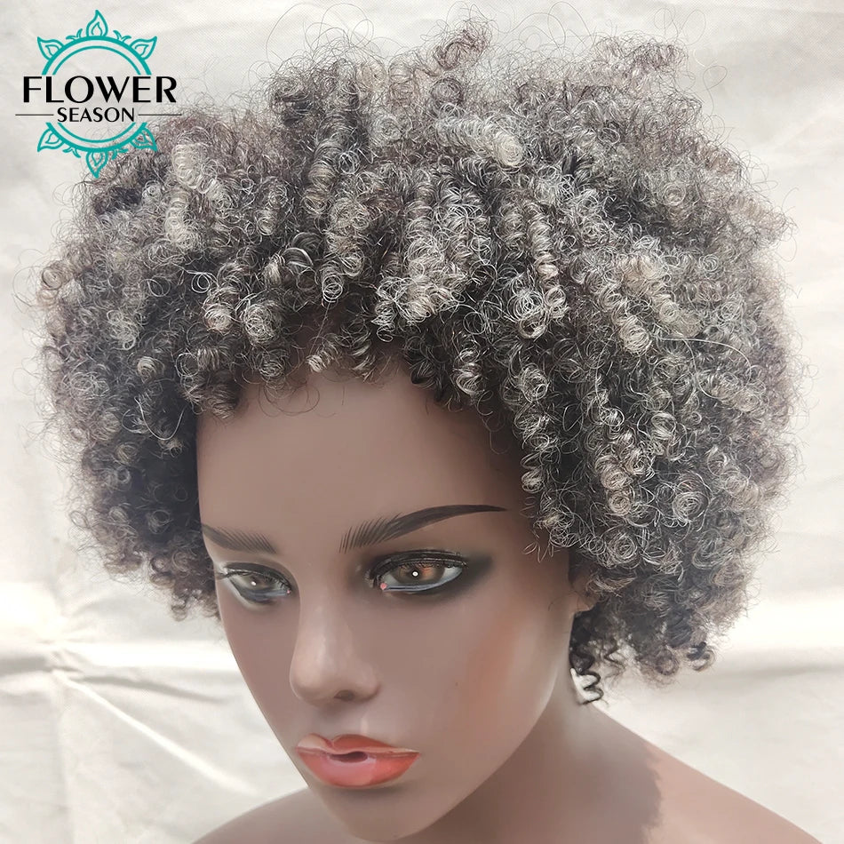 Grey Human Hair Wigs Short Afro Kinky Curly Grey Wig with bangs 180% Ombre Gray Curly Bob Wigs for Women Full Machine Made