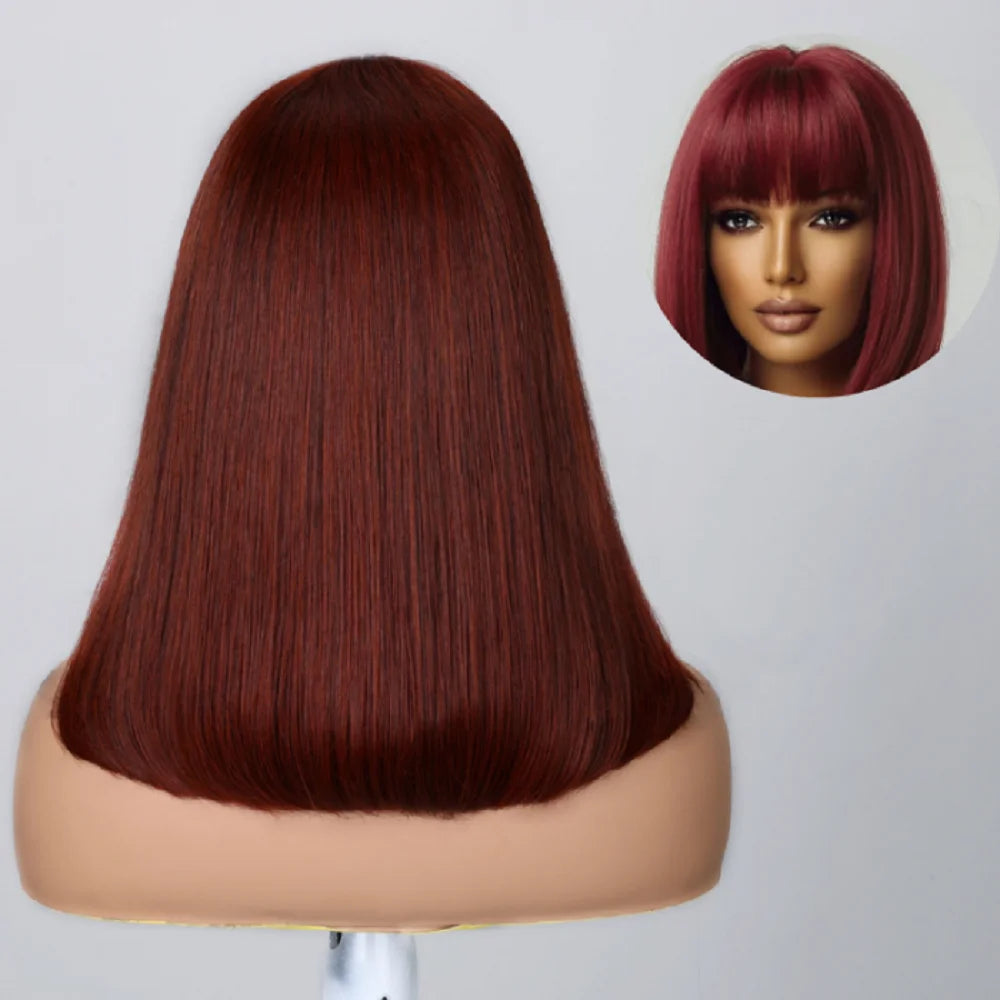 Nadula Hair 4X1 T Part Cute Bob Wig Reddish Brown With Bangs Highlight Natural Straight Short Bob Lace Wig Pre Plucked Hairline