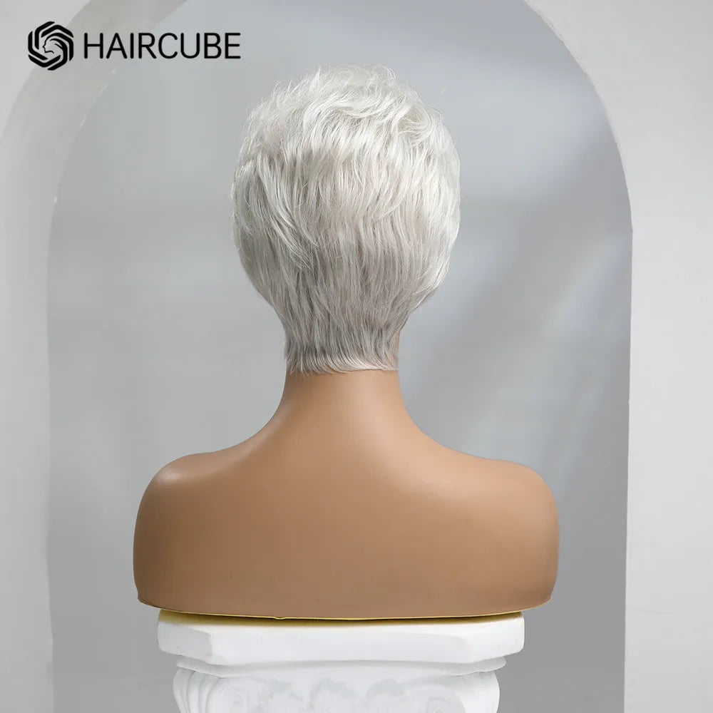 HAIRCUBE Silver Grey Mixed Human Hair Blend Synthetic Wig Short Pixie Cut Puffy Wig with Bangs Heat Resistant Wigs for Women