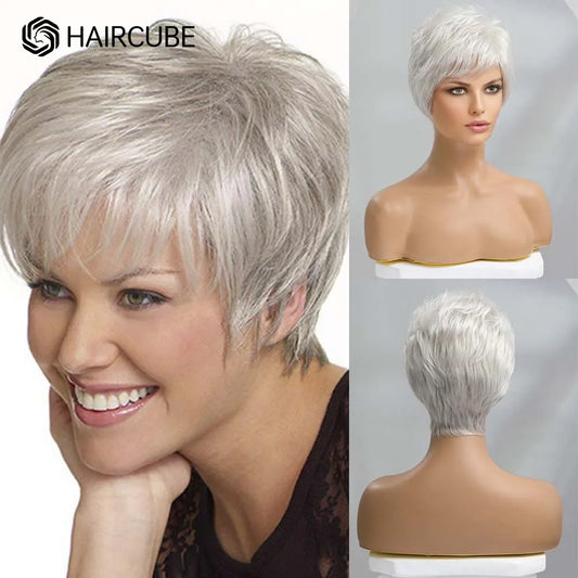 HAIRCUBE Silver Grey Mixed Human Hair Blend Synthetic Wig Short Pixie Cut Puffy Wig with Bangs Heat Resistant Wigs for Women