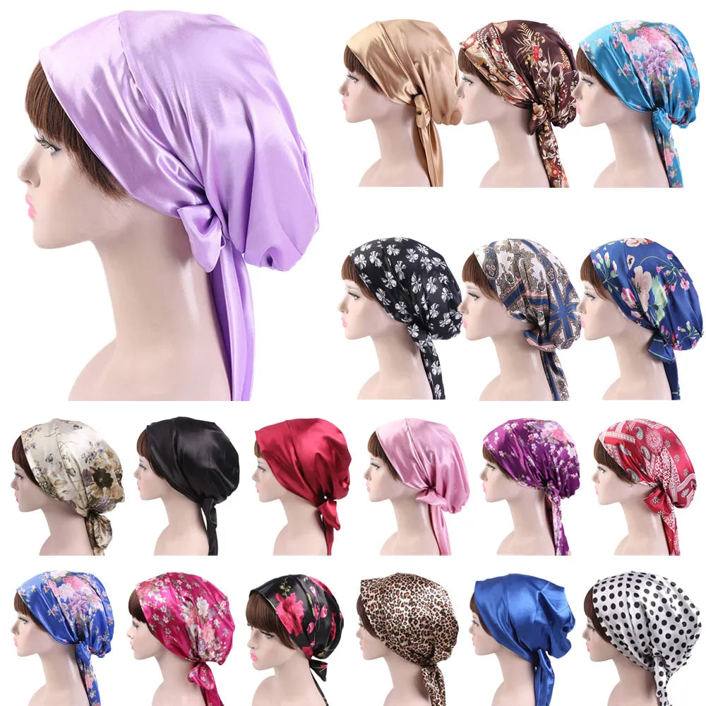 New Women Satin Night Cap Bowknot Sleep Hat Silk Chemo Caps Cancer Hats Long Tail Hair Bonnet Head Scarf Wrap Bandana Headwear