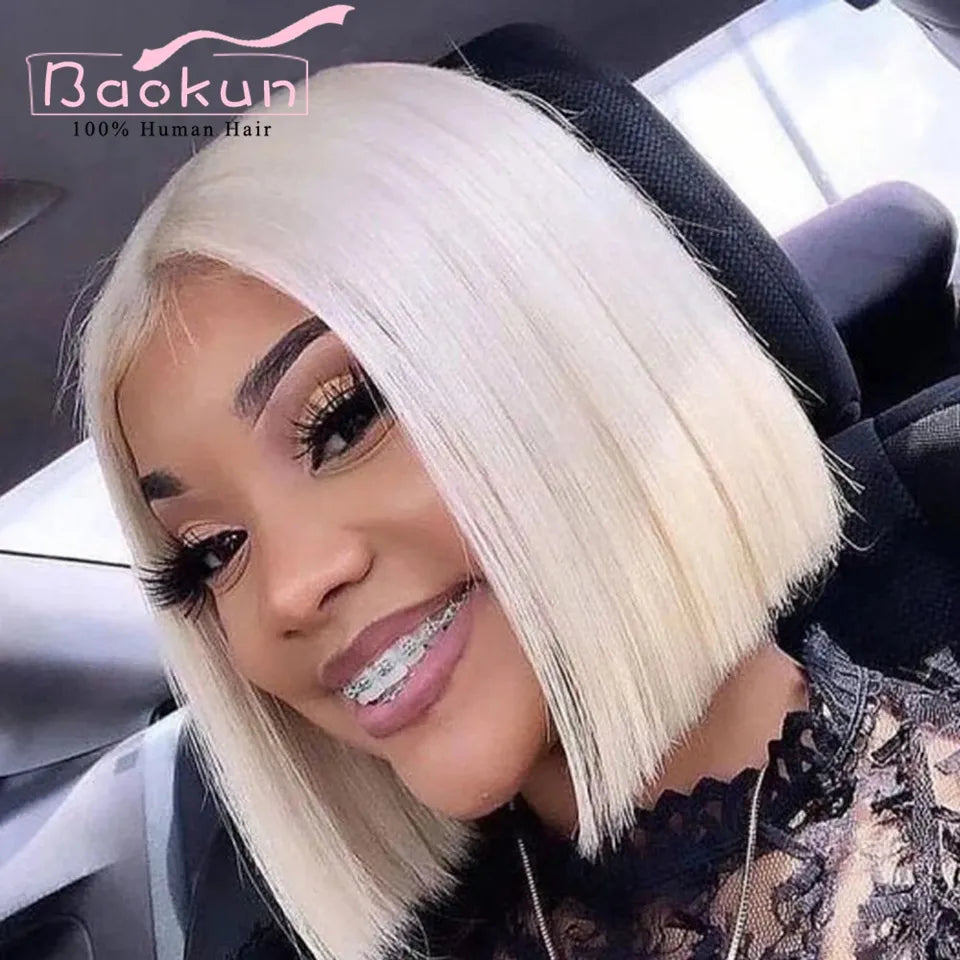 13x4 Platinum Blonde Short Curly Human Hair Wigs Glueless Remy 13x6 HD Lace Frontal Wig Bob Straight Lace Front Wigs For Women