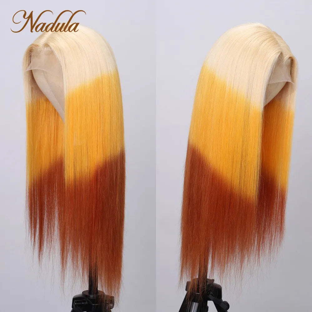 Nadula Straight Hair 13x4 Lace Front Wigs 3 Tones Reverse Blonde Orange and Brown Ombre 150% Density Multi Color Hair For Women