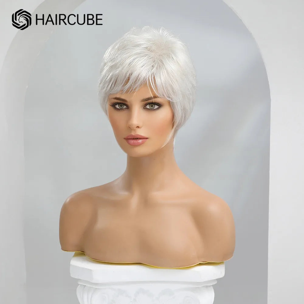 HAIRCUBE Silver Grey Mixed Human Hair Blend Synthetic Wig Short Pixie Cut Puffy Wig with Bangs Heat Resistant Wigs for Women