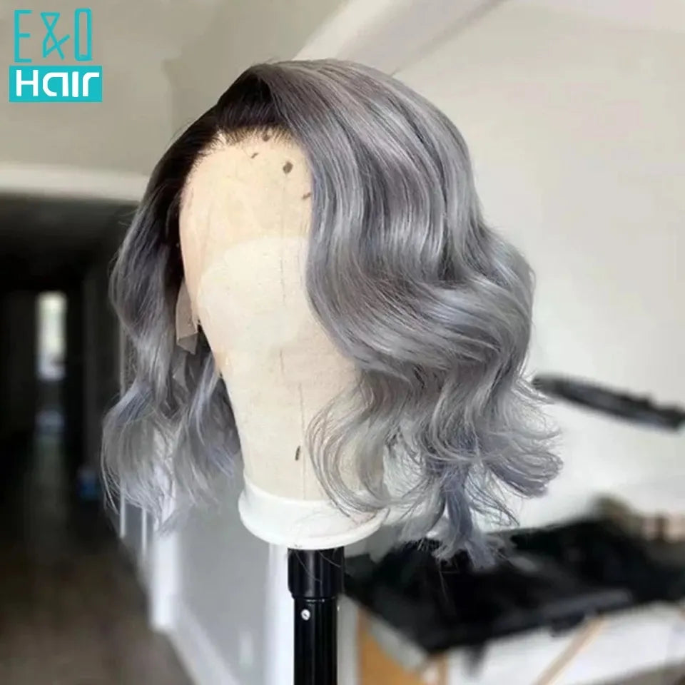 1B/Grey Short Bob Lace Front Wig Human Hair Wigs For Women Ombre Colored Brazilian Wavy Transparent Lace T Part Wig Pre Plucked