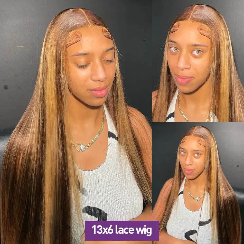 34Inch Bone Straight Highlight Lace Front Human Hair 4/27 Ombre 13x4 Lace Frontal Wigs 13x6 Honey Blonde Colored Wigs For Women