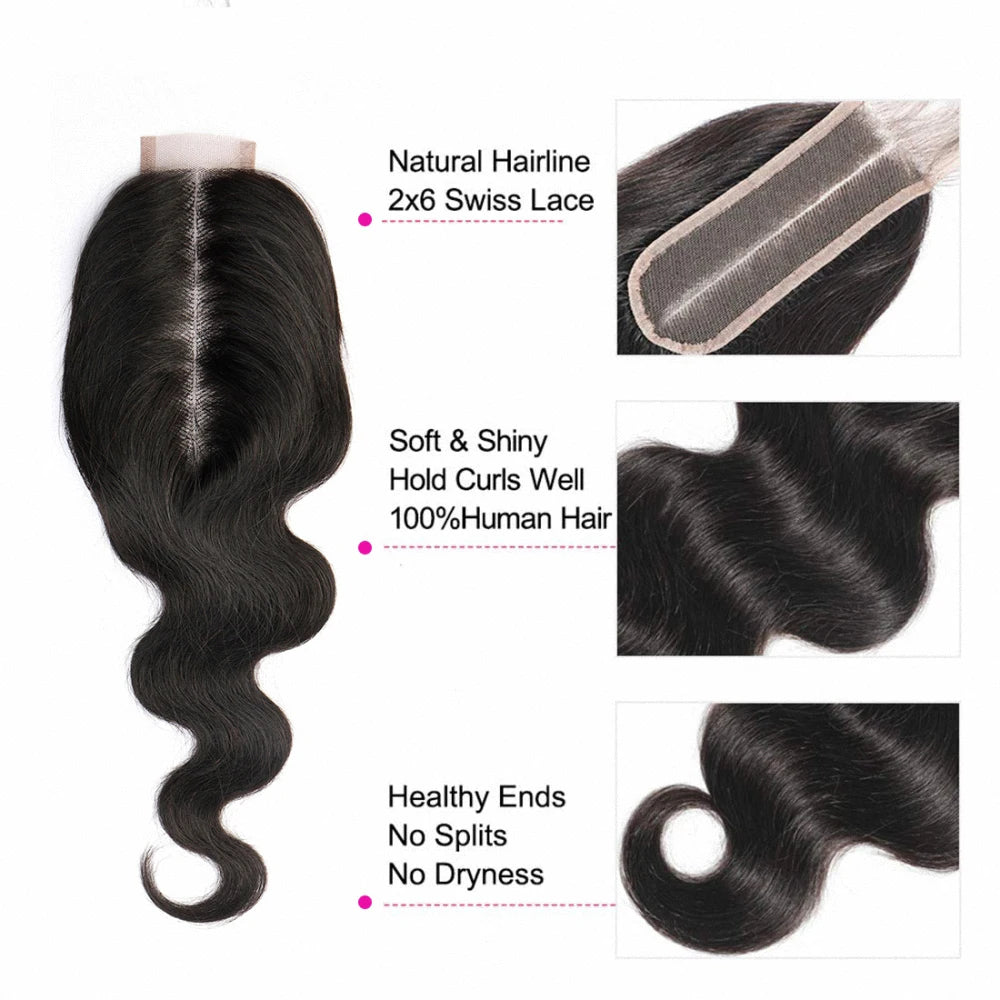 2x6 Transparent Lace Closure Braziian Remy Body Wave Human Hair Central Part Pre Plucked Body Wave Hair HD Lace Closure Natural