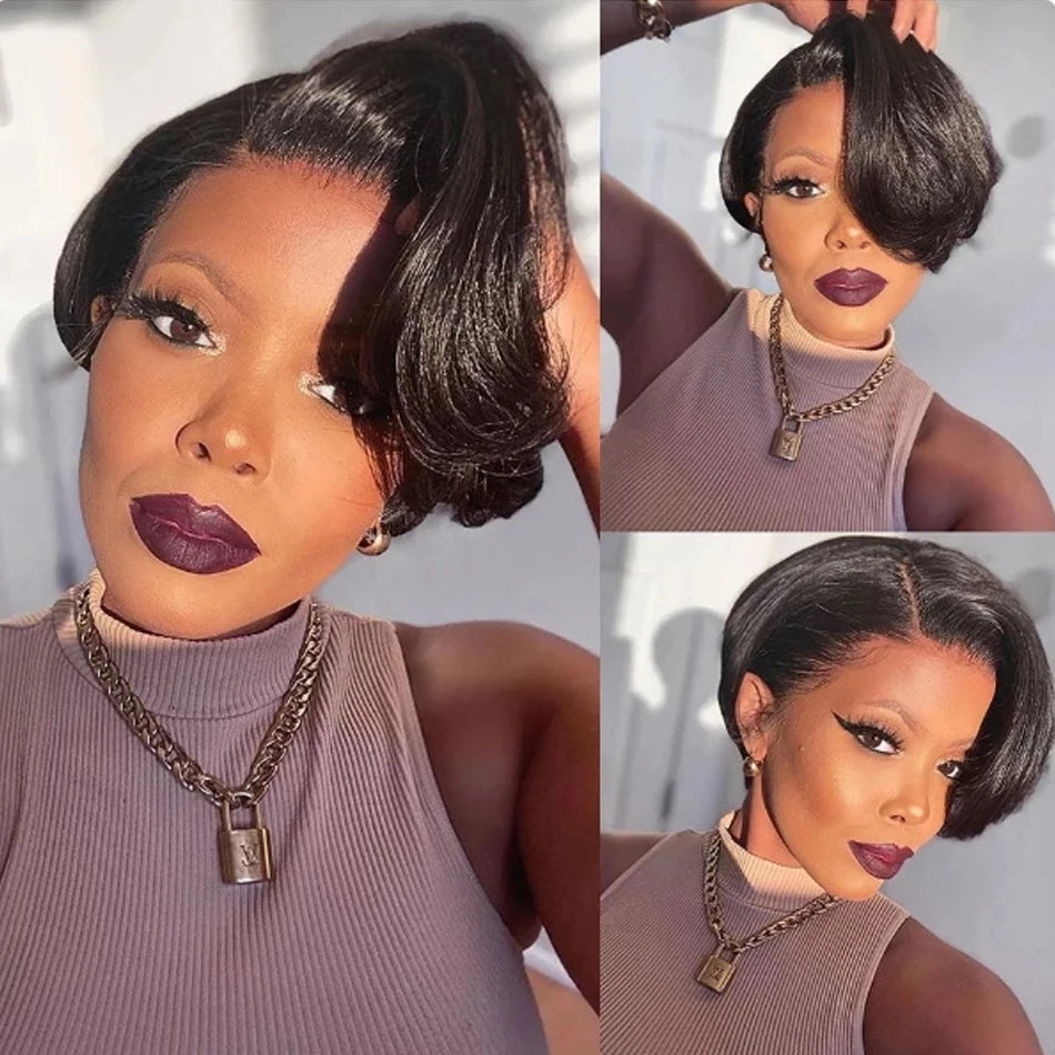 Human Hair 13X2 Wigs Short Pixie Cut Wigs Straight Bob HD Transparent ISEE Lace Frontal Wigs For Black Women 250Density Perruque