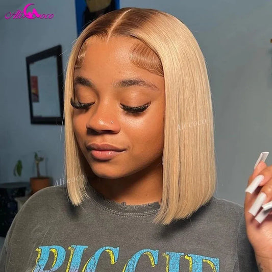 Blonde With Brown Root Human Hair Bob Wigs Straight Lace Front Wig 180 Density Honey Blonde Lace Frontal Wigs for Black Women