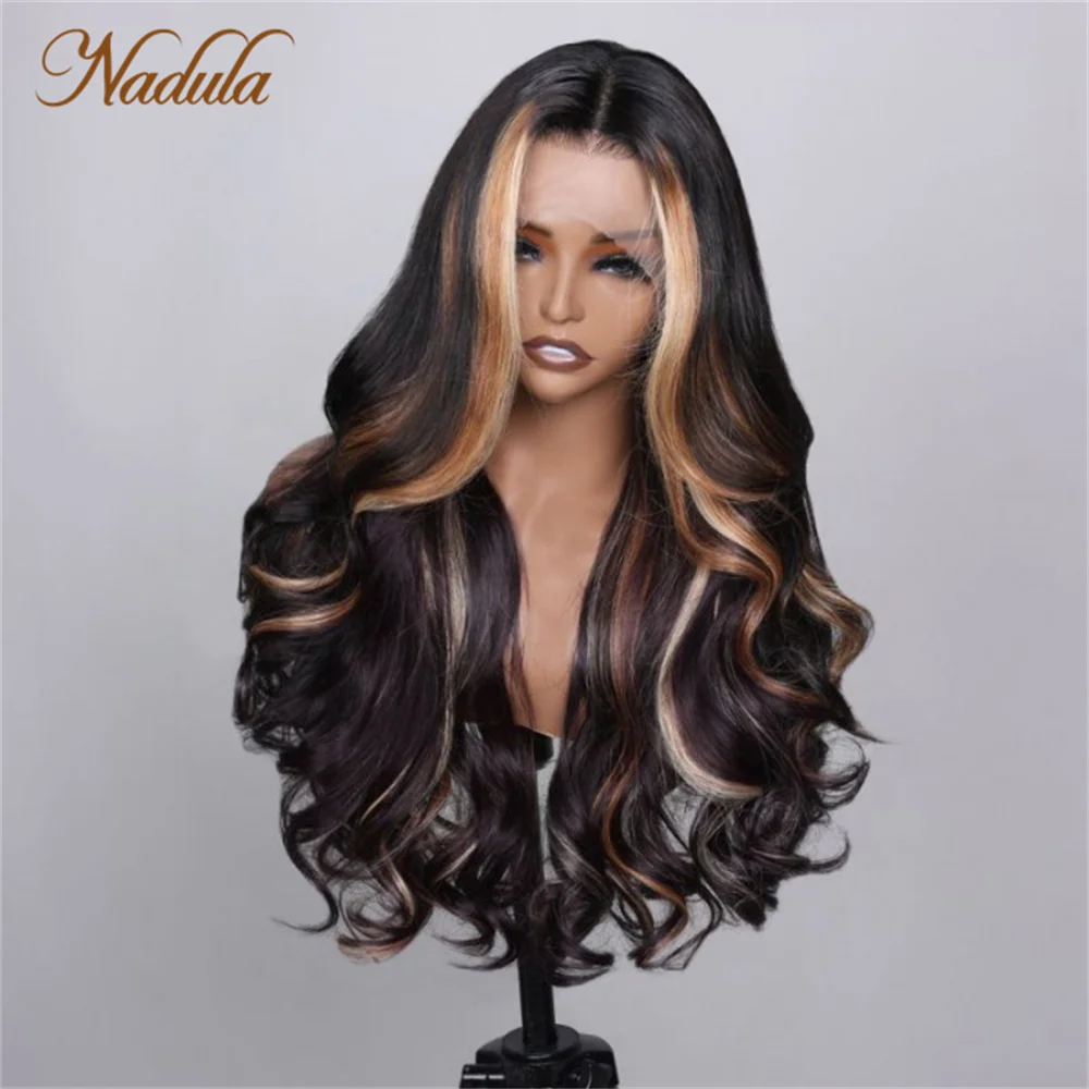 Nadula Hair 13x4 Lace Transparent Front Black Purple Ombre With Blonde Highlights Multi Color Mixed Loose Wave Wig Human Hair