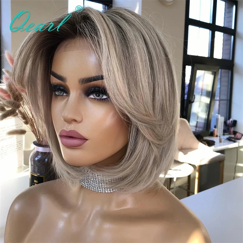 Lace Front Human Hair Wig 13x4 Ombre Grey Ashy Blonde Lace Frontal Wigs Cheap Short Bob Wig ombre glueless wig human hair Qearl