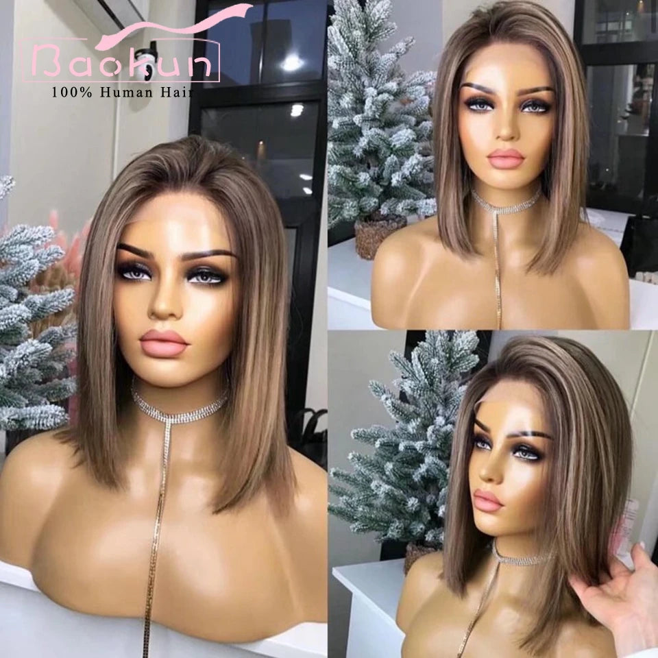 13x4 Ash Brown Blonde Bob Wig Highlight Human Hair Wigs Remy 360 Lace Frontal Wig Grey Short Straight Lace Front Wigs For Women