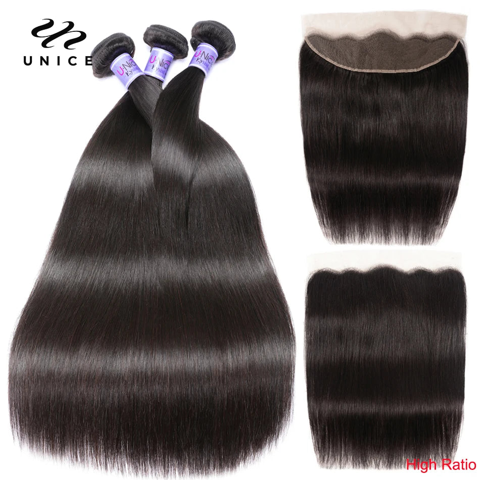 UNice Hair 12A Kysiss Series 3 Bundles With Frontal Indian Straight Bundles Lace Front Human Virgin Hair Bundles With Closure