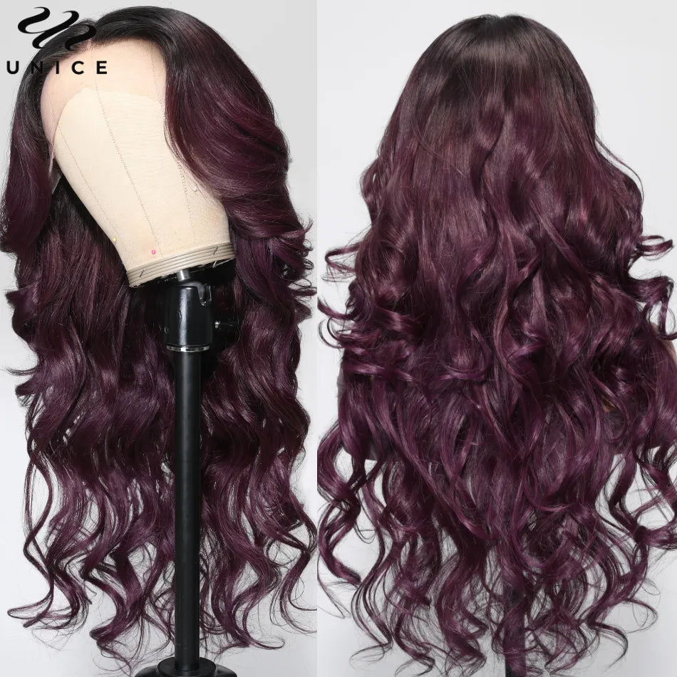 UNice Smokey Deep Purple Ombre 13x4 Lace Front Body Wave Wig 180% Density Human Hair Wig A Rich Purple Hair Look