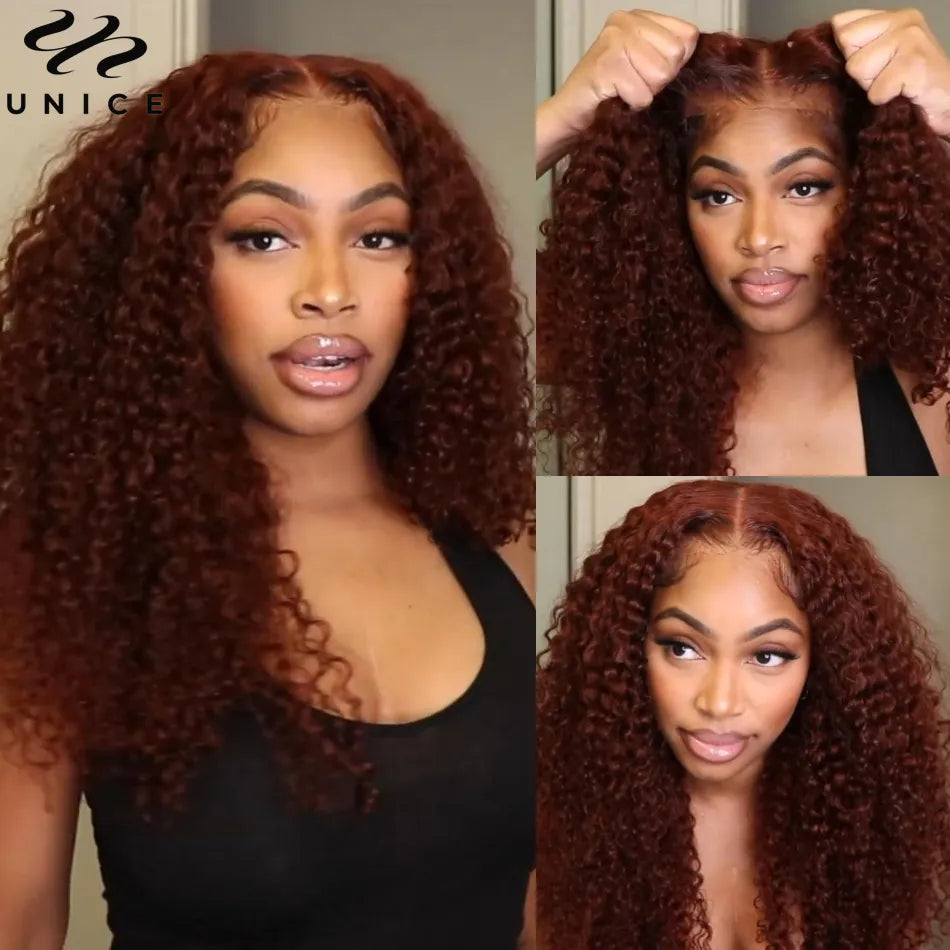 UNice First Ever Glueless 13x4 Frontal Wig Reddish Brown Curly Human Hair Lace Front Wig PreCut PreBleached PrePlucked Lace Wig