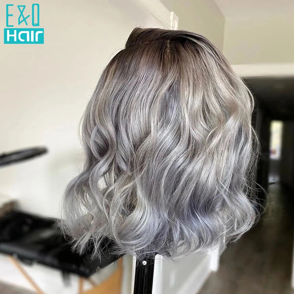 1B/Grey Short Bob Lace Front Wig Human Hair Wigs For Women Ombre Colored Brazilian Wavy Transparent Lace T Part Wig Pre Plucked