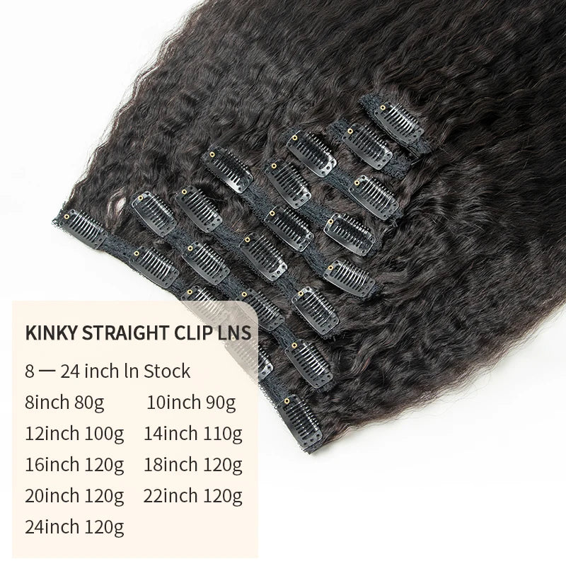 Kinky Straight Human Hair Clip ins Extensions for Black Women Remy Hair Extensions Yaki Straight Clip Ins Full Hair 8-24 inch