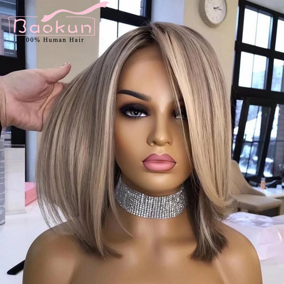 13x4 Ash Brown Blonde Bob Wig Highlight Human Hair Wigs Remy 360 Lace Frontal Wig Grey Short Straight Lace Front Wigs For Women