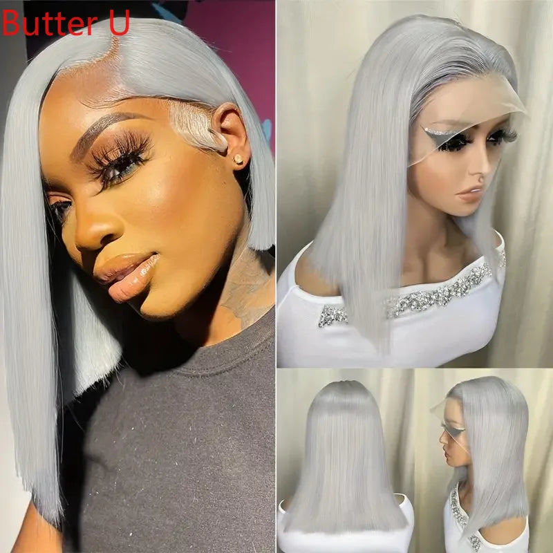 Grey Short Bob Natural Straight Wigs For Women 150% Density Pre Plucked With Baby Hair Lace Front Human Hair Wigs 8-16 Inch