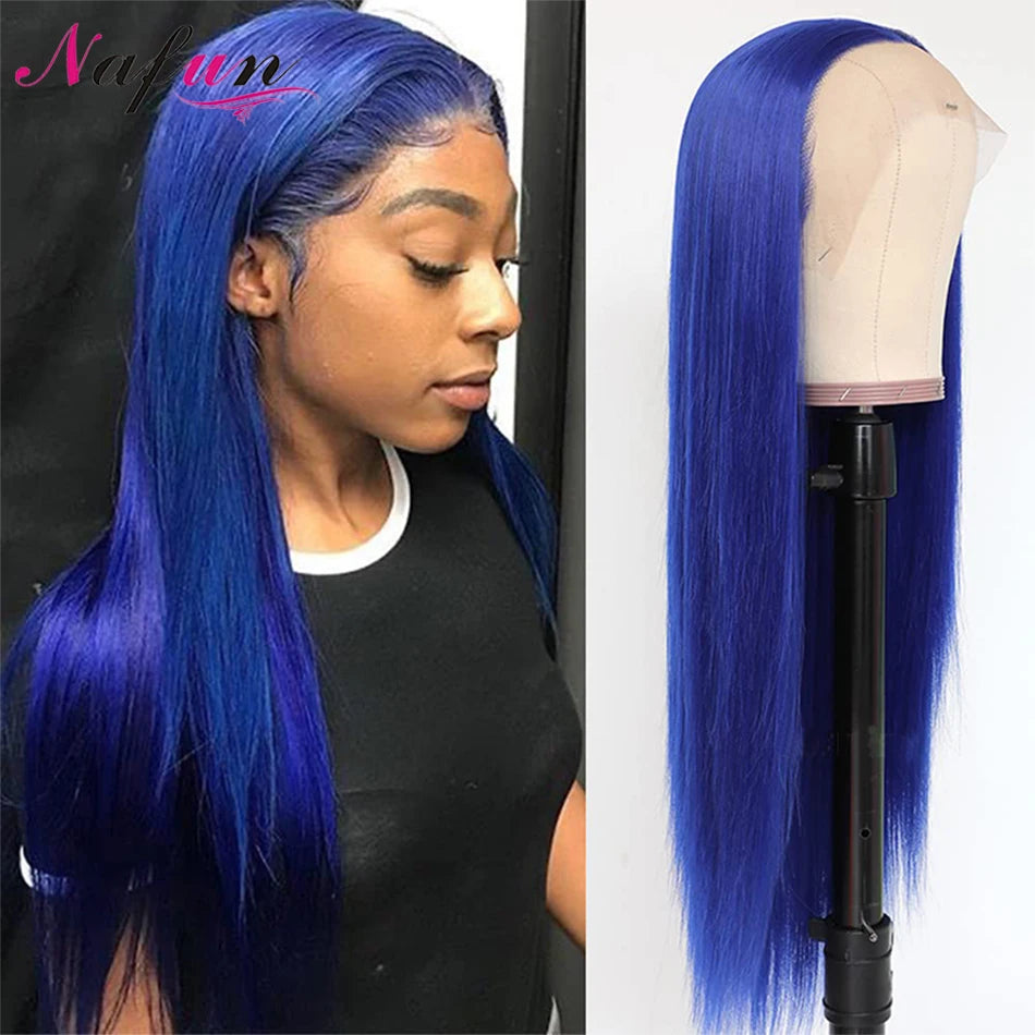 Navy Blue Color Straight 13x4 Lace Front Wig Glueless Blue Colored  Human Hair Wigs For Women Remy Pre Plucked Lace Frontal Wigs