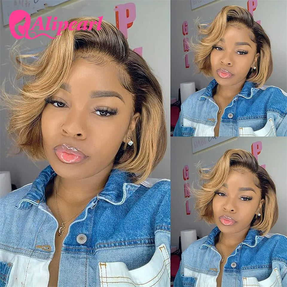 Ali Pearl Hair Short Ombre Honey Blonde Bob Wig 1B/27 Straight Lace Front Wig Pre-Plucked Human Hair Wigs For Black Women