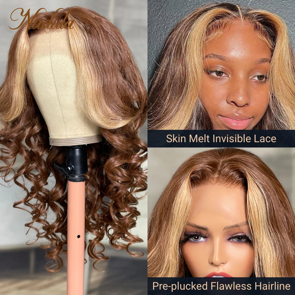 Nadula Hair Face Framing loose Wave Lace Front Human Hair Wig 13x4 Brunette with Blonde Highlight Lace Wig Money Piece Wig