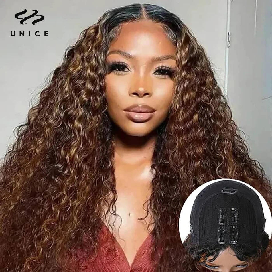 UNice Hair Balayage Highlight V Part Wig Human Hair Curly Wig Glueless U part Wig Human Hair Wigs Blend with Your Own Hairline