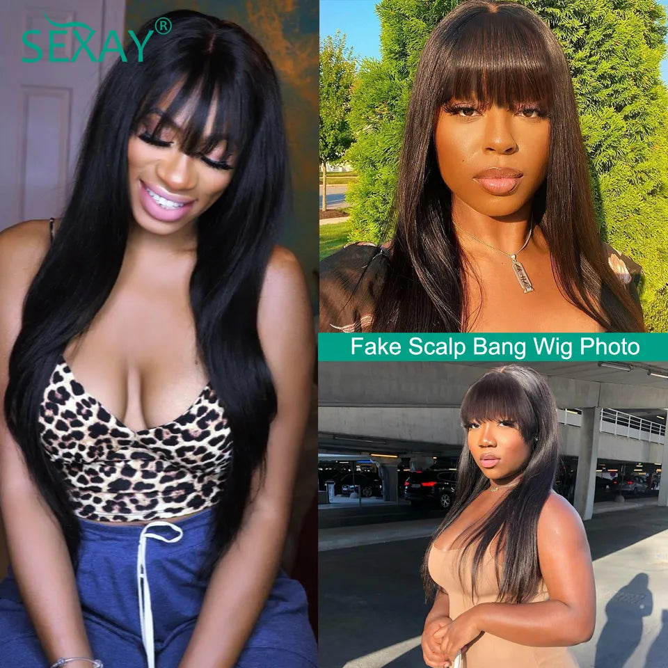 Sexay Scalp Bang Human Hair Wig Raw Indian Straight Human Hair Fringe Wigs Fake Scalp 8-24 Inch 200 Density Human Wigs For Women