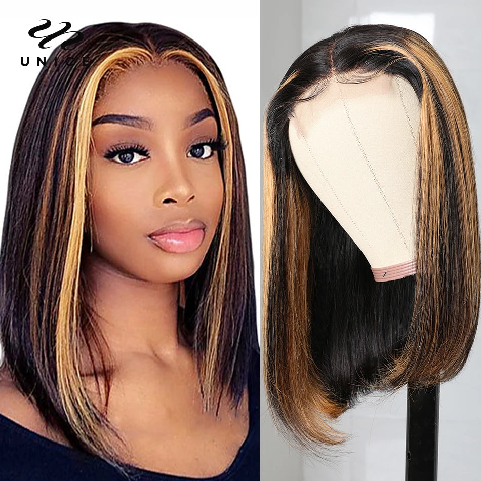 Unice Hair Bob Wig Honey Blonde Highlight Wig Human Hair Peruvian Straight Short Wigs For Women Human Hair Wigs